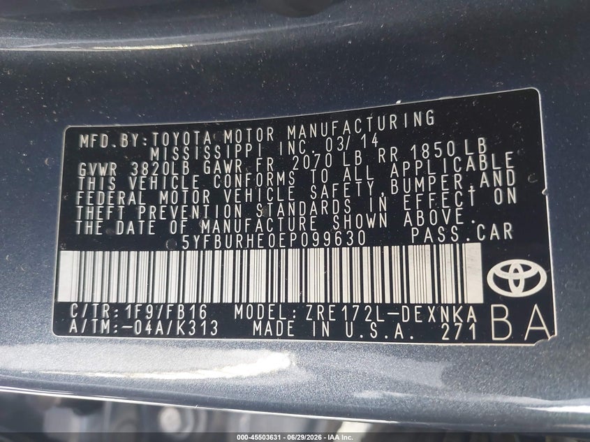 2014 Toyota Corolla VIN 5YFBURHE0EP099630 IAAI salvage auction — REAR END, Salvage Title, sold $2,425 on 2026-07-28 (photo 9)