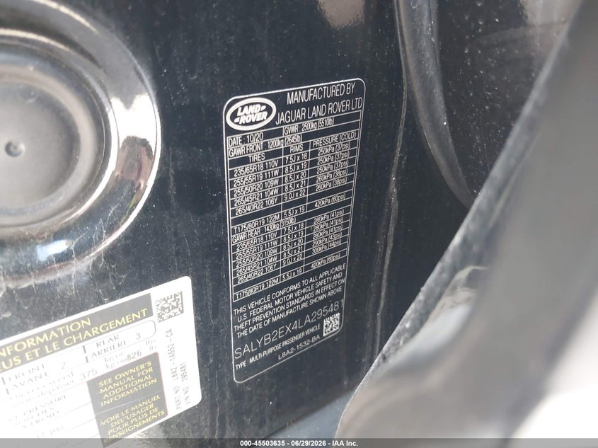 2020 Land rover Range rover velar VIN SALYB2EX4LA295481 IAAI salvage auction — FRONT END, Salvage (Illinois), sold $8,850 on 2026-07-06 (photo 9)
