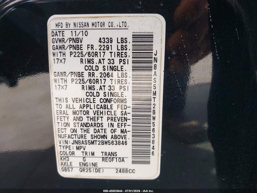 2011 Nissan Rogue VIN JN8AS5MT2BW563846 IAAI salvage auction — LEFT SIDE, Salvage (Texas), sold $475 on 2026-07-22 (photo 9)