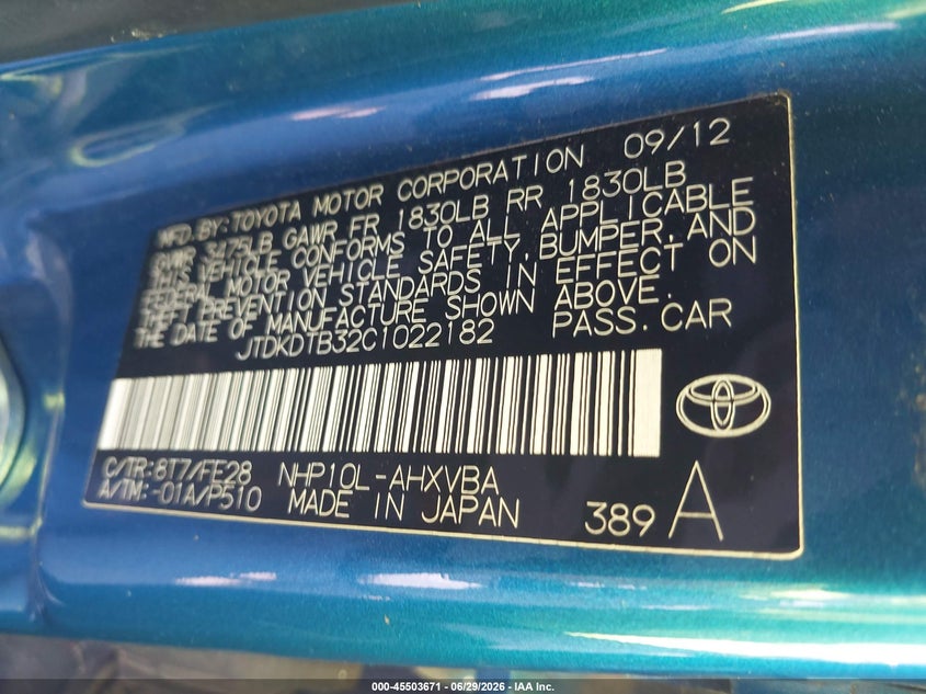 2012 Toyota Prius c VIN JTDKDTB32C1022182 IAAI salvage auction — NORMAL WEAR, Bill Of Sale (California), sold $175 on 2026-07-29 (photo 9)