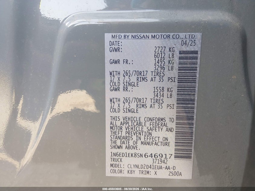 2025 Nissan Navara (frontier) VIN 1N6ED1EK8SN646917 IAAI salvage auction — FRONT END, Salvage (Pennsylvania), sold $9,900 on 2026-07-22 (photo 9)