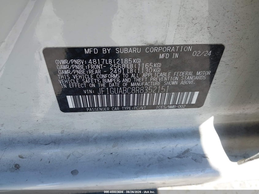 2024 Subaru Impreza VIN JF1GUABC8R8352151 IAAI salvage auction — REAR END, Salvage Title, sold $25 on 2026-07-30 (photo 9)