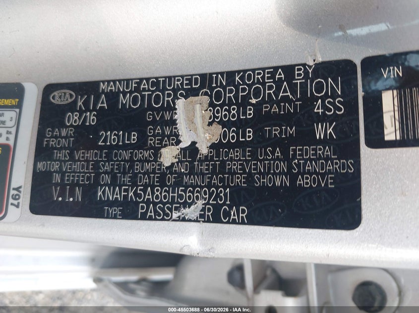 2017 Kia Forte VIN KNAFK5A86H5669231 IAAI salvage auction — SIDE, Salvage (Ohio), sold $25 on 2026-07-27 (photo 9)
