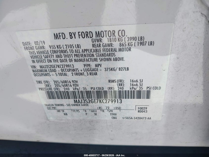 2019 Ford Ecosport VIN MAJ3S2GE7KC279913 IAAI salvage auction — LEFT FRONT, Salvage (California), sold $1,050 on 2026-07-29 (photo 9)