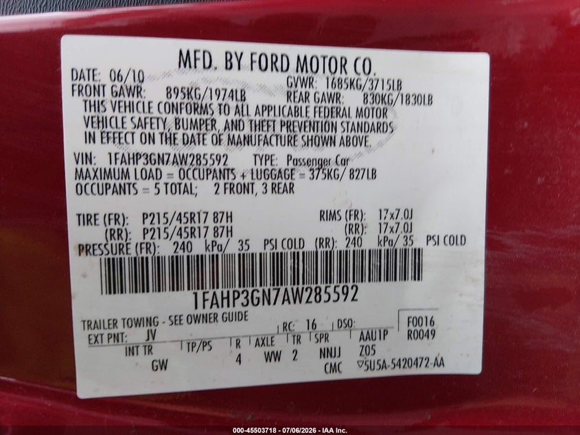 2010 Ford Focus VIN 1FAHP3GN7AW285592 IAAI salvage auction — SIDE, Salvage (Pennsylvania), sold $200 on 2026-07-10 (photo 9)