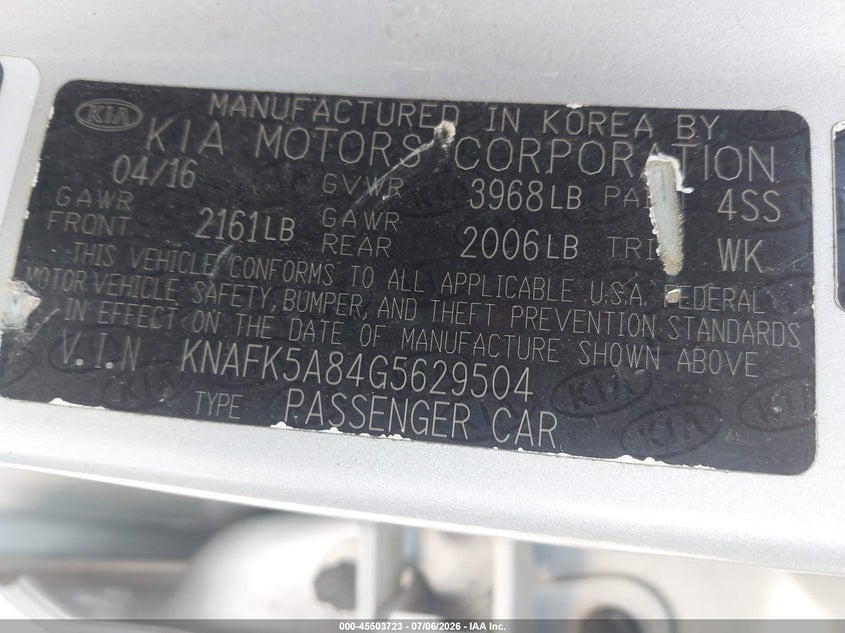 2016 Kia Forte VIN KNAFK5A84G5629504 IAAI salvage auction — RIGHT SIDE, Salvage (Idaho), sold $675 on 2026-07-24 (photo 9)