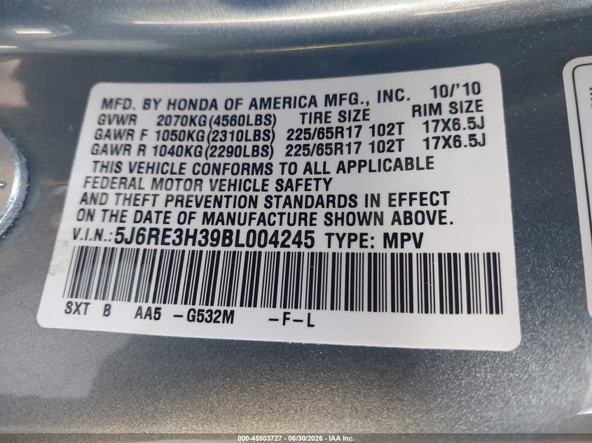 2011 Honda Cr-v VIN 5J6RE3H39BL004245 IAAI salvage auction — FRONT END, Salvage (California), sold $2,075 on 2026-07-12 (photo 9)