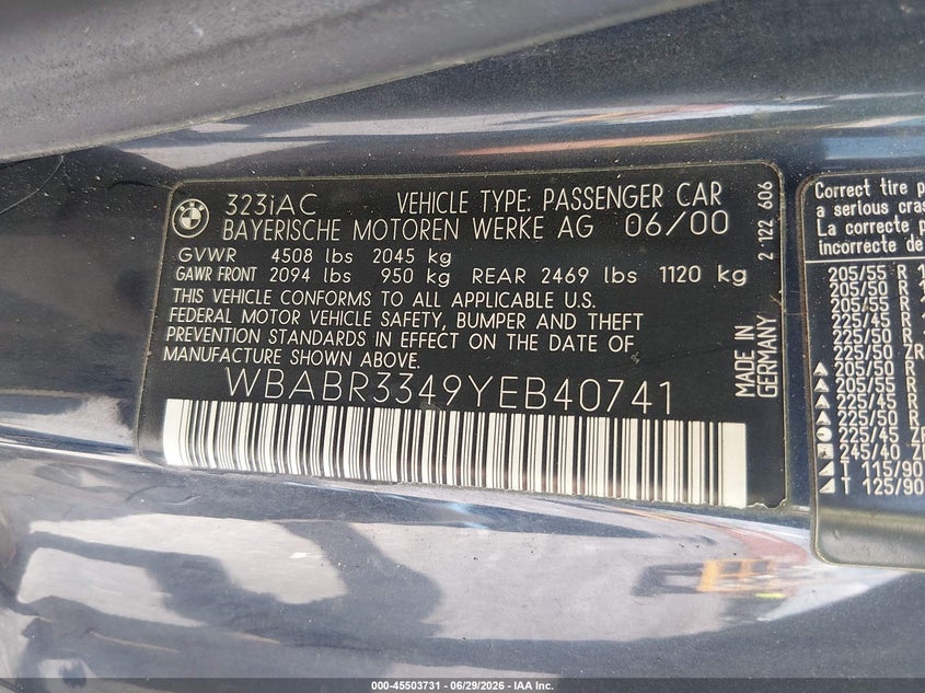 2000 BMW 3er VIN WBABR3349YEB40741 IAAI salvage auction — SIDE, Salvage (Missouri), sold $350 on 2026-08-04 (photo 9)