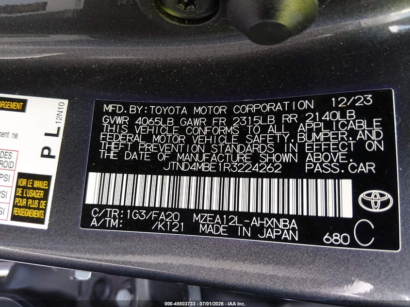 2024 Toyota Corolla VIN JTND4MBE1R3224262 IAAI salvage auction — FRONT END, Rebuildable (Florida), sold $4,300 on 2026-07-28 (photo 9)