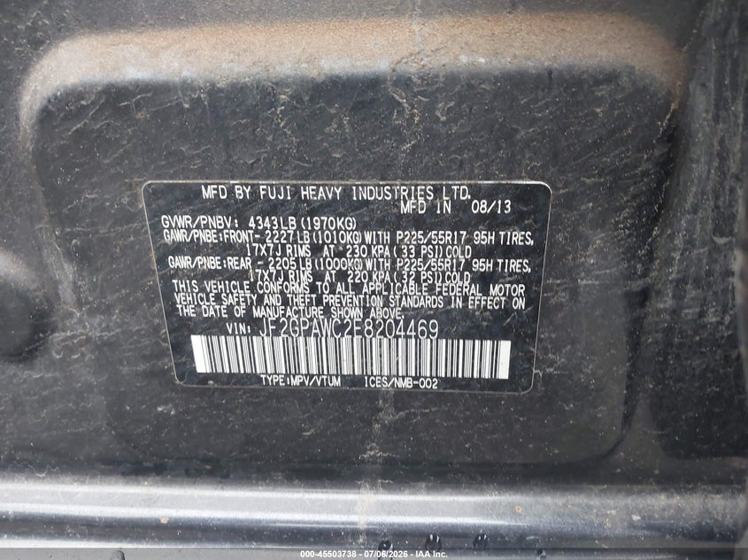 2014 Subaru Xv VIN JF2GPAWC2E8204469 IAAI salvage auction — NORMAL WEAR, Clear (New York), sold $475 on 2026-07-28 (photo 9)