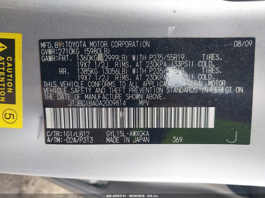 2010 Lexus Rx 450h VIN JTJBC1BA0A2009814 IAAI salvage auction — NORMAL WEAR, Clear (New York), sold $2,450 on 2026-07-14 (photo 9)