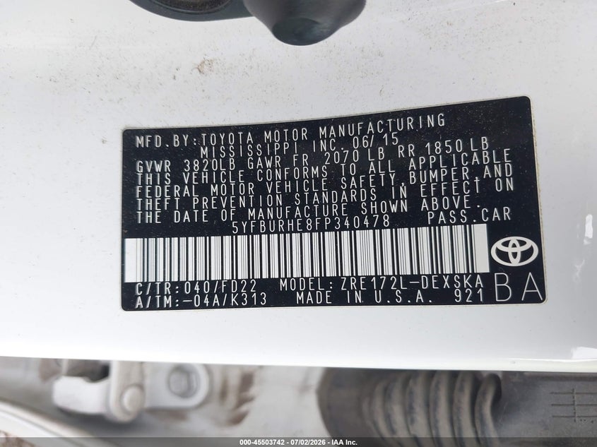 2015 Toyota Corolla VIN 5YFBURHE8FP340478 IAAI salvage auction — LEFT REAR, Bill Of Sale (Washington), sold $4,200 on 2026-07-22 (photo 9)