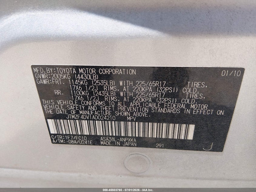 2010 Toyota Rav 4 VIN JTMZF4DV1AD024210 IAAI salvage auction — FRONT END, Salvage (North Carolina), sold $400 on 2026-07-27 (photo 9)