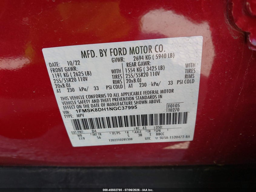 2022 Ford Explorer VIN 1FMSK8DH1NGC37995 IAAI salvage auction — NORMAL WEAR, Clear (Illinois), sold $8,500 on 2026-07-28 (photo 9)