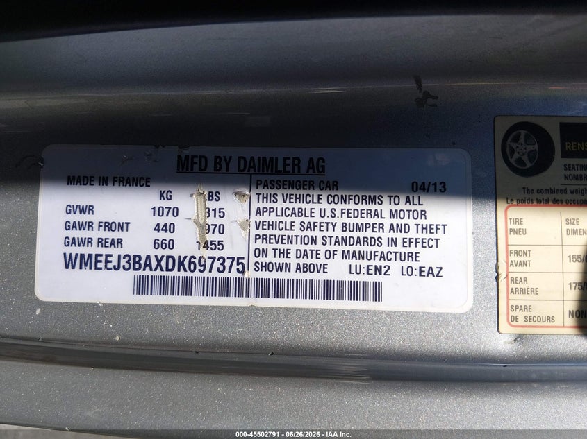 2013 Smart Fortwo VIN WMEEJ3BAXDK697375 IAAI salvage auction — NORMAL WEAR, Clear (Nevada), sold $500 on 2026-08-07 (photo 9)