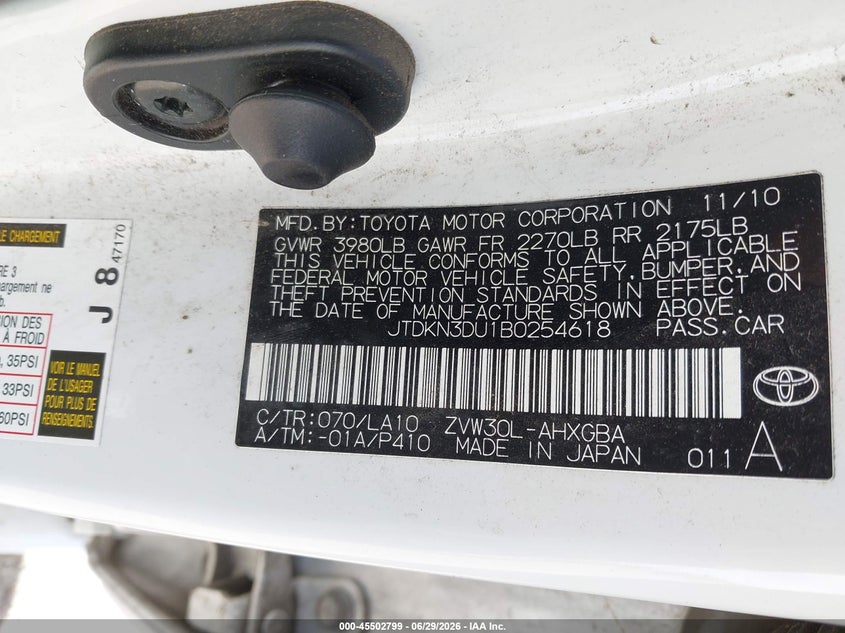 2011 Toyota Prius VIN JTDKN3DU1B0254618 IAAI salvage auction — UNKNOWN, Salvage (California), sold $2,250 on 2026-07-09 (photo 9)
