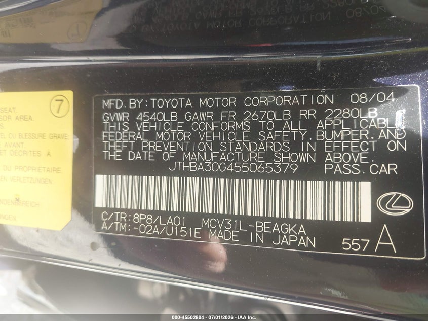 2005 Lexus Es 330 VIN JTHBA30G455065379 IAAI salvage auction — NORMAL WEAR, Original (Ohio), sold $1,875 on 2026-07-22 (photo 9)