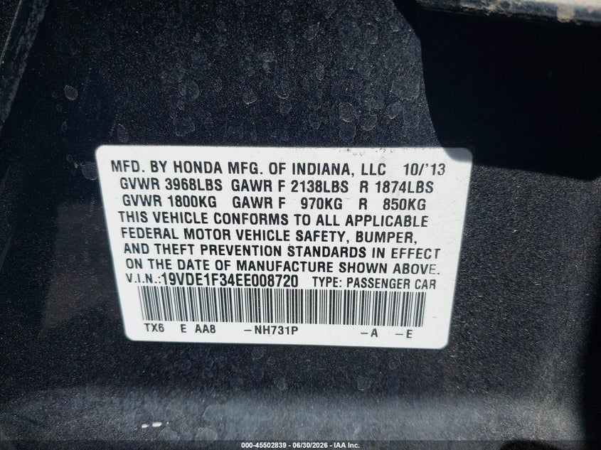 2014 Acura Ilx VIN 19VDE1F34EE008720 IAAI salvage auction — REAR END, Salvage Title, sold $1,350 on 2026-07-31 (photo 9)