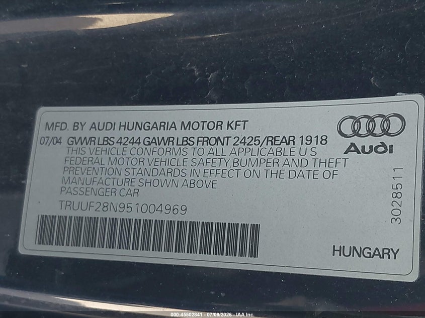 2005 Audi Tt VIN TRUUF28N951004969 IAAI salvage auction — FRONT END, Salvage (Texas), sold $1,250 on 2026-07-28 (photo 9)