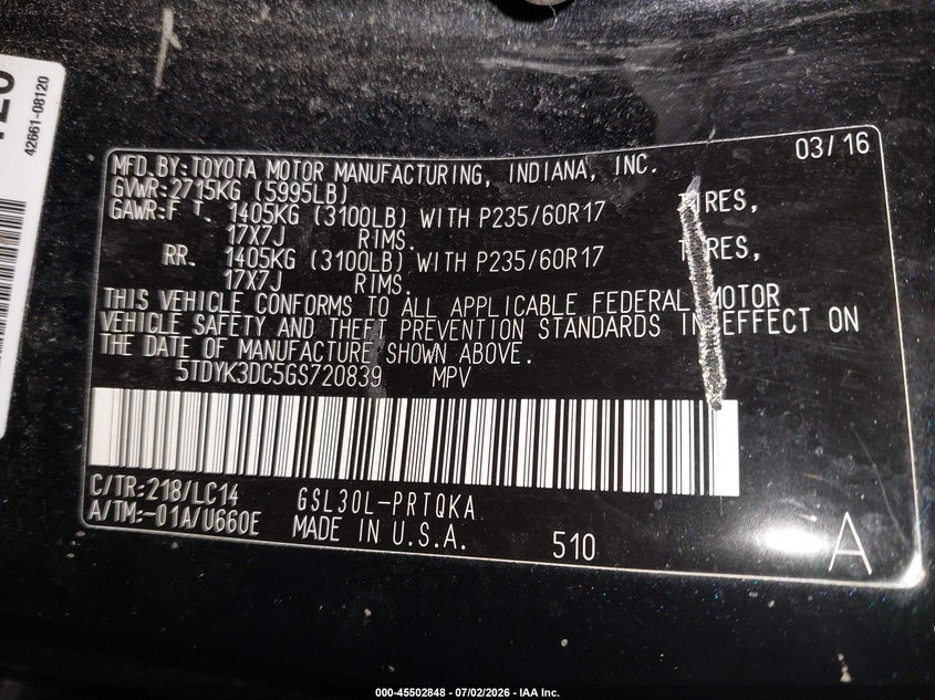 2016 Toyota Sienna VIN 5TDYK3DC5GS720839 IAAI salvage auction — FRONT END, Clear (Michigan), sold $2,850 on 2026-07-28 (photo 9)