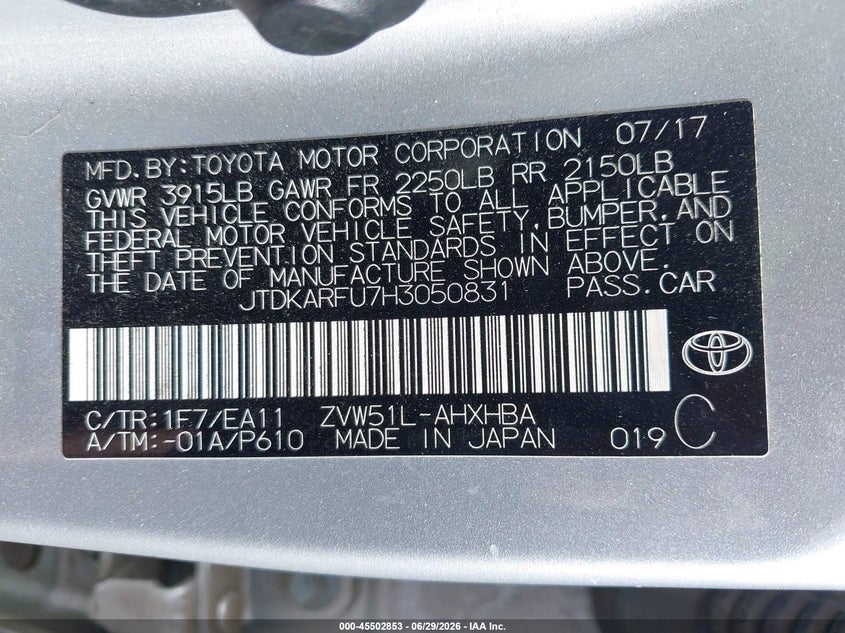 2017 Toyota Prius VIN JTDKARFU7H3050831 IAAI salvage auction — SIDE, Salvage (California), sold $25 on 2026-07-21 (photo 9)