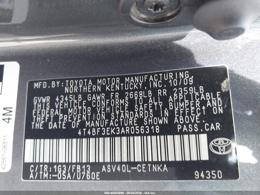 2010 Toyota Camry VIN 4T4BF3EK3AR056318 IAAI salvage auction — FRONT END, Original (Texas), sold $1,400 on 2026-08-21 (photo 9)