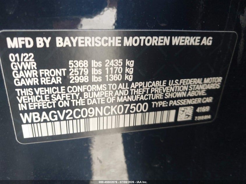 2022 BMW 8er VIN WBAGV2C09NCK07500 IAAI salvage auction — LEFT FRONT, Nrc Lienholder Repossession Paperwork (California), sold $23,200 on 2026-08-20 (photo 9)