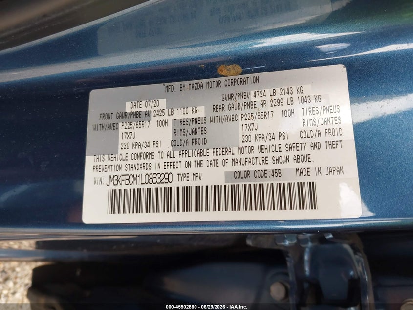 2020 Mazda Cx-5 VIN JM3KFBCM1L0863290 IAAI salvage auction — FRONT & REAR, Salvage Title, sold $5,200 on 2026-07-31 (photo 9)