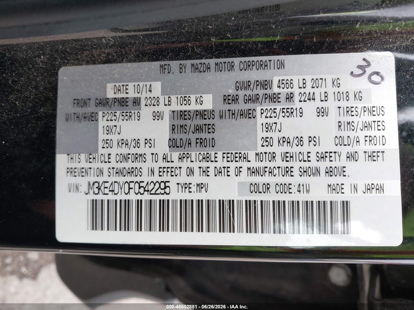 2015 Mazda Cx-5 VIN JM3KE4DY0F0542295 IAAI salvage auction — NORMAL WEAR, Clear (Arizona), sold $4,575 on 2026-07-20 (photo 9)