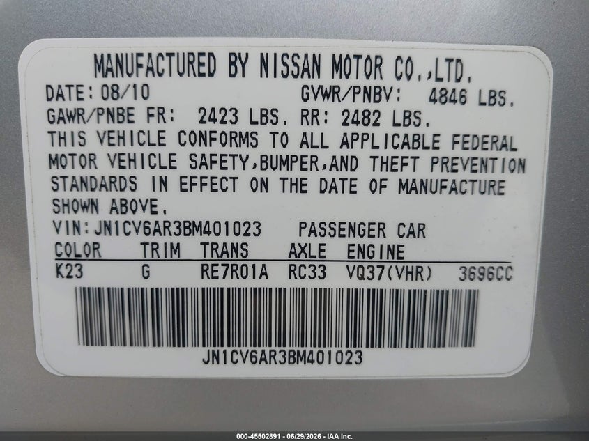 2011 Infiniti G37 VIN JN1CV6AR3BM401023 IAAI salvage auction — STRIPPED, Clear (Maryland), sold $300 on 2026-07-28 (photo 9)