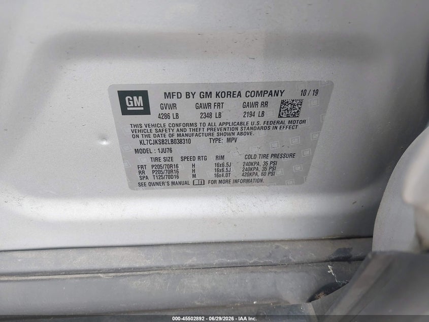 2020 Chevrolet Trax VIN KL7CJKSB2LB038310 IAAI salvage auction — FRONT END, Salvage (Virginia), sold $1,000 on 2026-07-28 (photo 9)