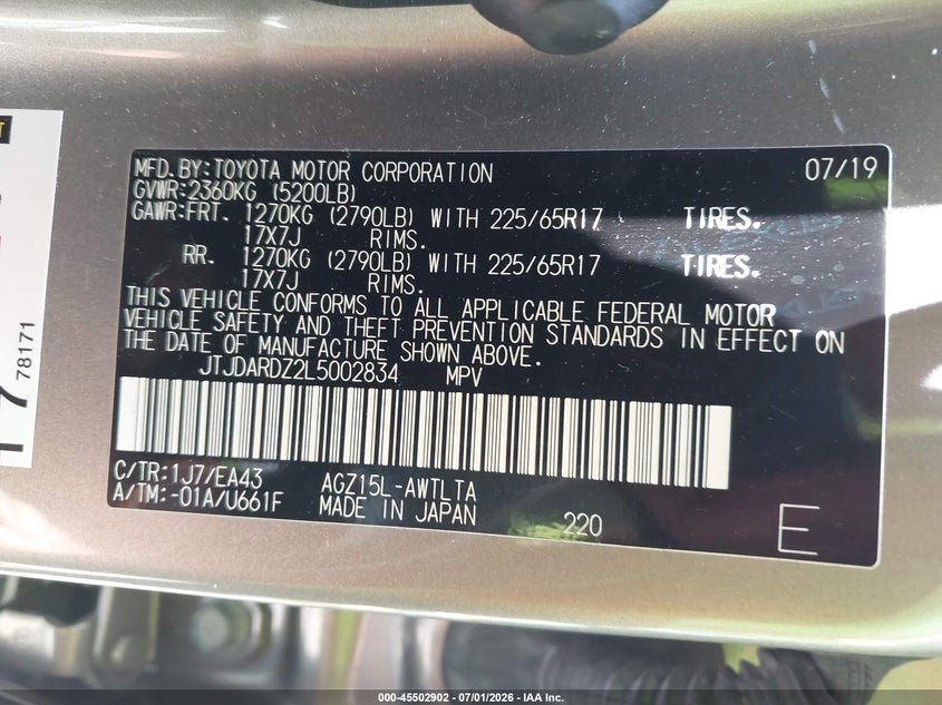 2020 Lexus Nx VIN JTJDARDZ2L5002834 IAAI salvage auction — FRONT END, Salvage Title, sold $3,850 on 2026-07-21 (photo 9)