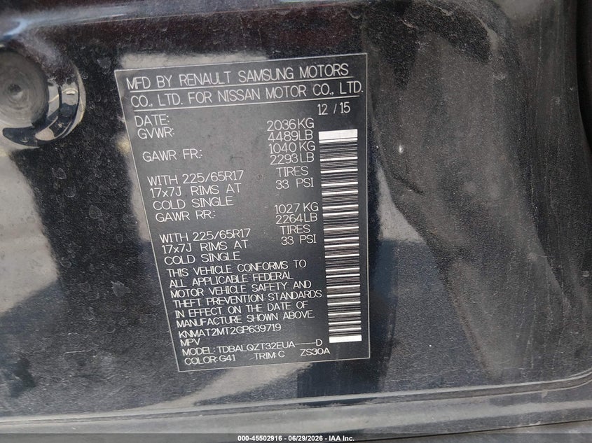 2016 Nissan Rogue VIN KNMAT2MT2GP639719 IAAI salvage auction — SIDE, Rebuildable (Florida), sold $1,100 on 2026-07-30 (photo 9)
