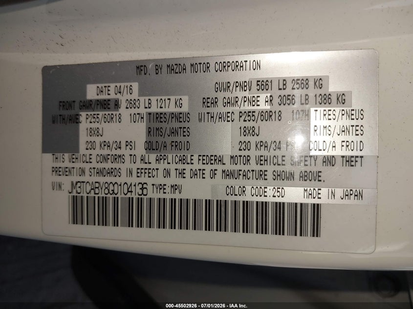 2016 Mazda Cx-9 VIN JM3TCABY8G0104136 IAAI salvage auction — REAR END, Salvage (California), sold $3,050 on 2026-07-21 (photo 9)