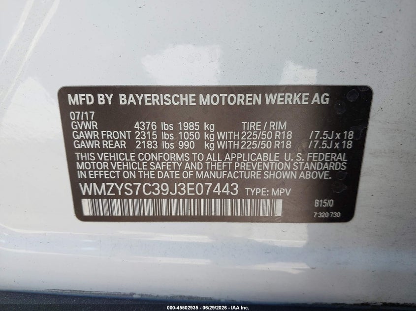 2018 Mini Countryman VIN WMZYS7C39J3E07443 IAAI salvage auction — FRONT END, Salvage Title, sold $2,750 on 2026-07-31 (photo 9)