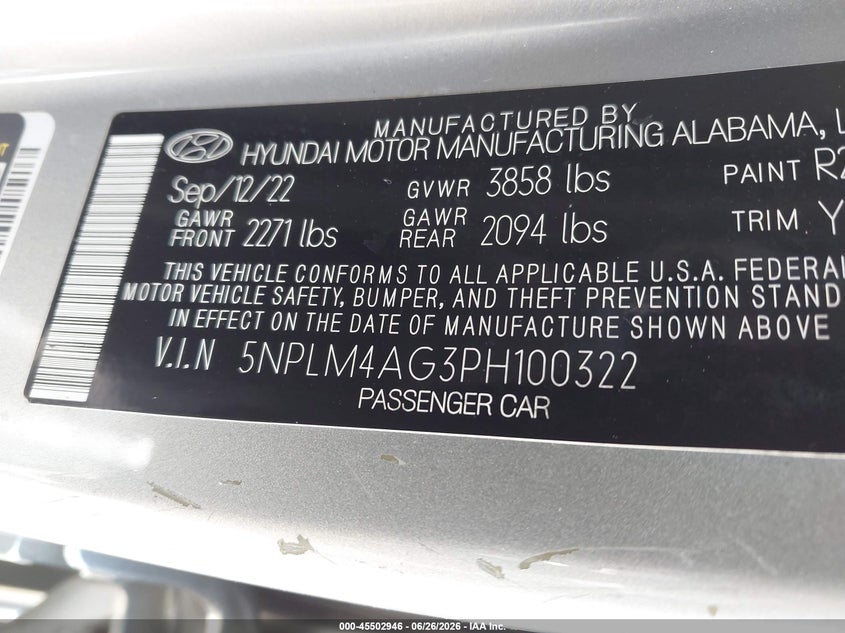 2023 Hyundai Elantra VIN 5NPLM4AG3PH100322 IAAI salvage auction — RIGHT FRONT, Clear (Tennessee), sold $4,975 on 2026-07-15 (photo 9)