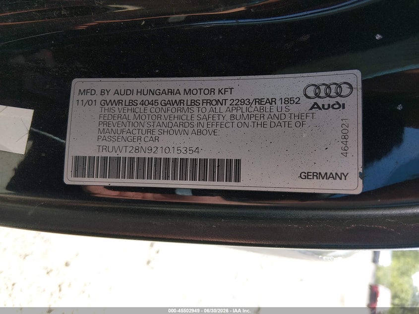 2002 Audi Tt VIN TRUWT28N921015354 IAAI salvage auction — NORMAL WEAR, Restored (Arizona), sold $400 on 2026-07-28 (photo 9)