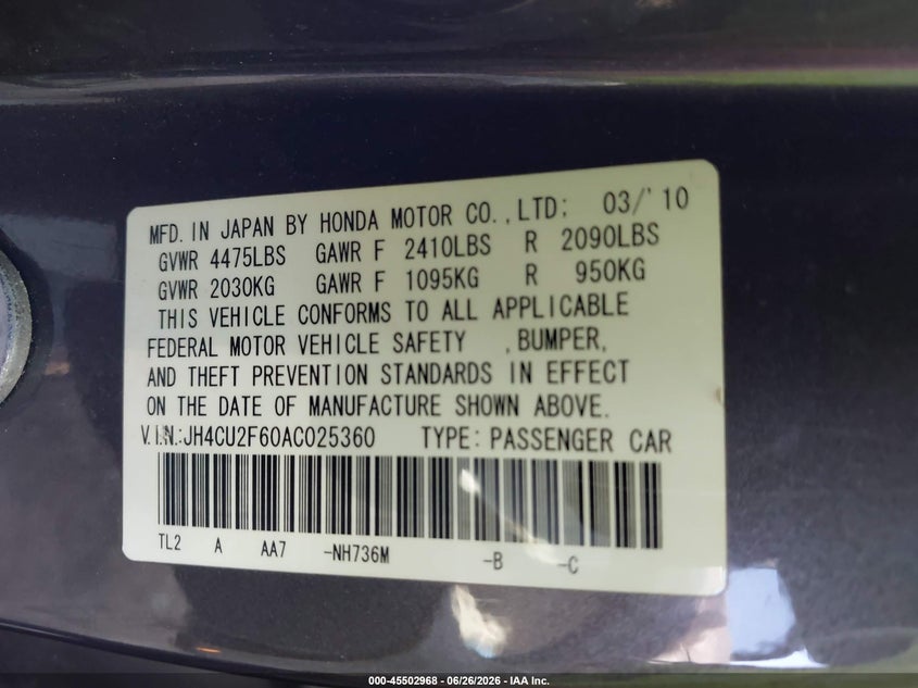 2010 Acura Tsx VIN JH4CU2F60AC025360 IAAI salvage auction — UNKNOWN, Clear - Dealer Only (California), sold $1,350 on 2026-07-08 (photo 9)