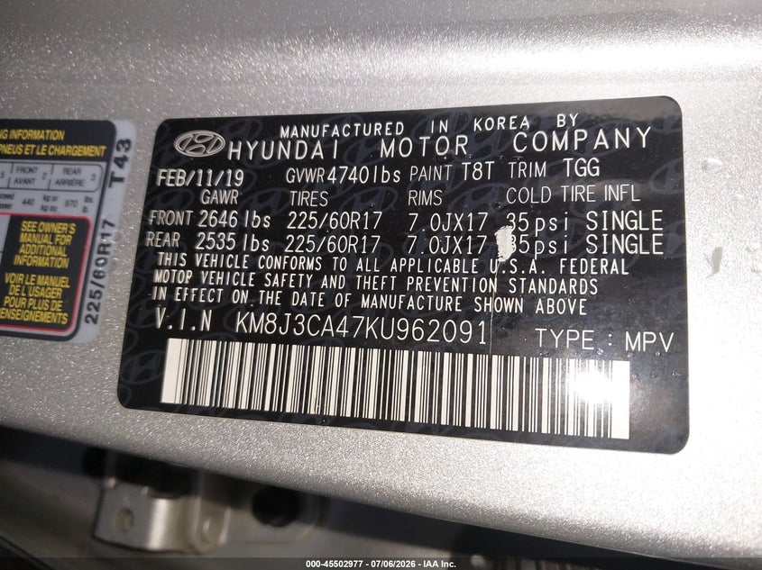 2019 Hyundai Tucson VIN KM8J3CA47KU962091 IAAI salvage auction — FRONT END, Salvage Title, sold $3,550 on 2026-07-22 (photo 9)