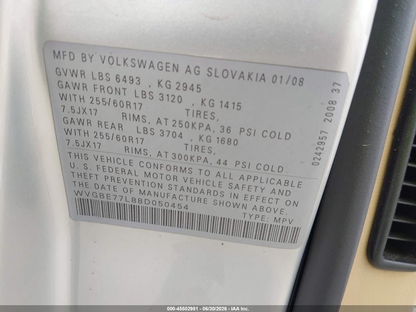2008 Volkswagen Touareg VIN WVGBE77L88D050454 IAAI salvage auction — FRONT END, Clear - Dealer Only (California), sold $2,450 on 2026-07-08 (photo 9)