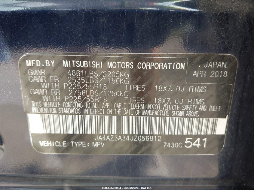 2018 Mitsubishi Outlander VIN JA4AZ3A34JZ056812 IAAI salvage auction — FRONT END, Salvage (Pennsylvania), sold $2,725 on 2026-07-28 (photo 9)