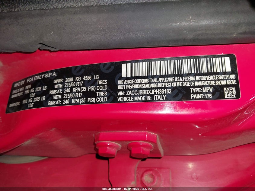 2018 Jeep Renegade VIN ZACCJBBBXJPH39182 IAAI salvage auction — LEFT FRONT, Salvage (Pennsylvania), sold $275 on 2026-07-30 (photo 9)