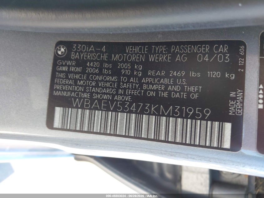 2003 BMW 3 series VIN WBAEV53473KM31959 IAAI salvage auction — NORMAL WEAR, Clear - Dealer Only (California), sold $150 on 2026-07-13 (photo 9)