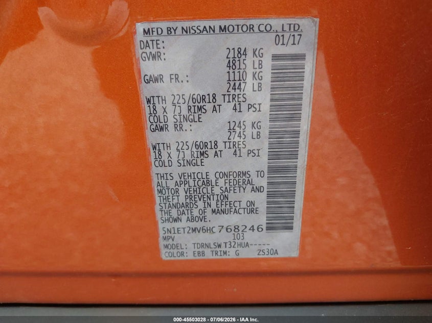 2017 Nissan Rogue VIN 5N1ET2MV6HC768246 IAAI salvage auction — REAR END, Salvage Title, sold $3,300 on 2026-07-31 (photo 9)