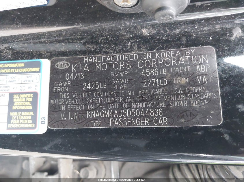 2013 Kia Optima VIN KNAGM4AD5D5044836 IAAI salvage auction — NORMAL WEAR, Clear (Washington), sold $725 on 2026-07-27 (photo 9)