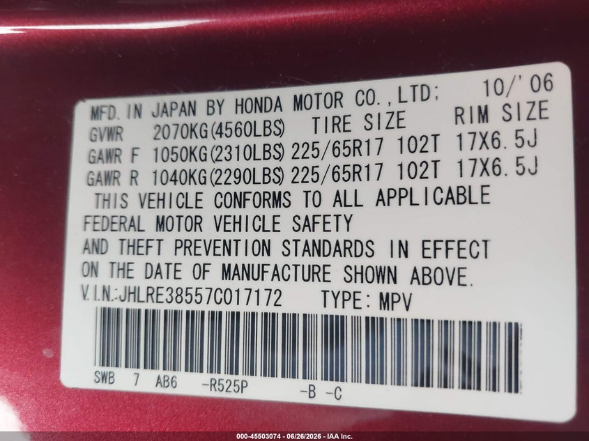 2007 Honda Cr-v VIN JHLRE38557C017172 IAAI salvage auction — REAR END, Salvage (California), sold $3,700 on 2026-07-06 (photo 9)