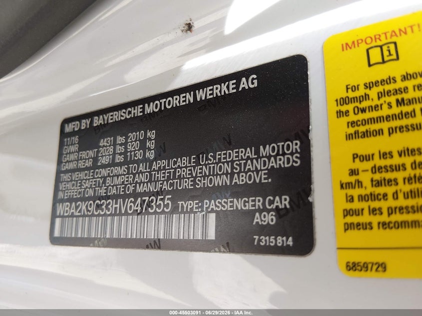2017 BMW 2er VIN WBA2K9C33HV647355 IAAI salvage auction — RIGHT FRONT, Salvage Title, sold $6,000 on 2026-08-14 (photo 9)