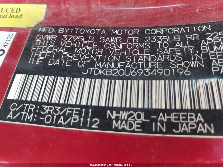 2009 Toyota Prius VIN JTDKB20U693490196 IAAI salvage auction — NORMAL WEAR, Clear (Arkansas), sold $25 on 2026-07-29 (photo 9)