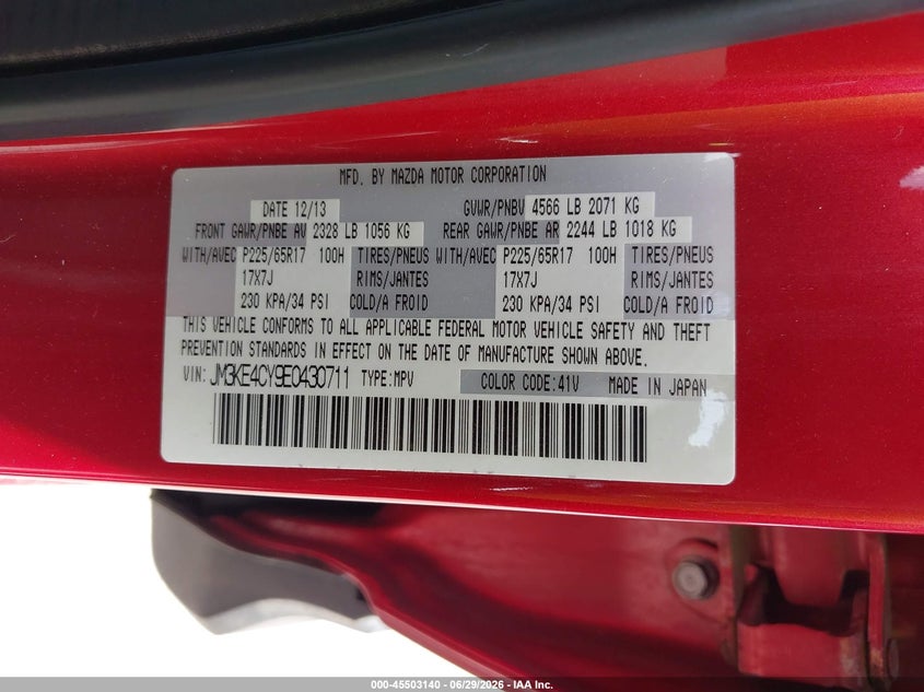 2014 Mazda Cx-5 VIN JM3KE4CY9E0430711 IAAI salvage auction — RIGHT SIDE, Salvage Title, sold $2,600 on 2026-08-20 (photo 9)