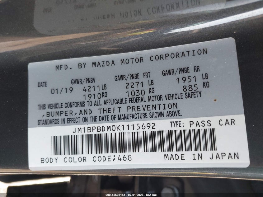 2019 Mazda 3 VIN JM1BPBDM0K1115692 IAAI salvage auction — REAR END, Salvage - Greater Than 75% (Maryland), sold $3,200 on 2026-07-22 (photo 9)